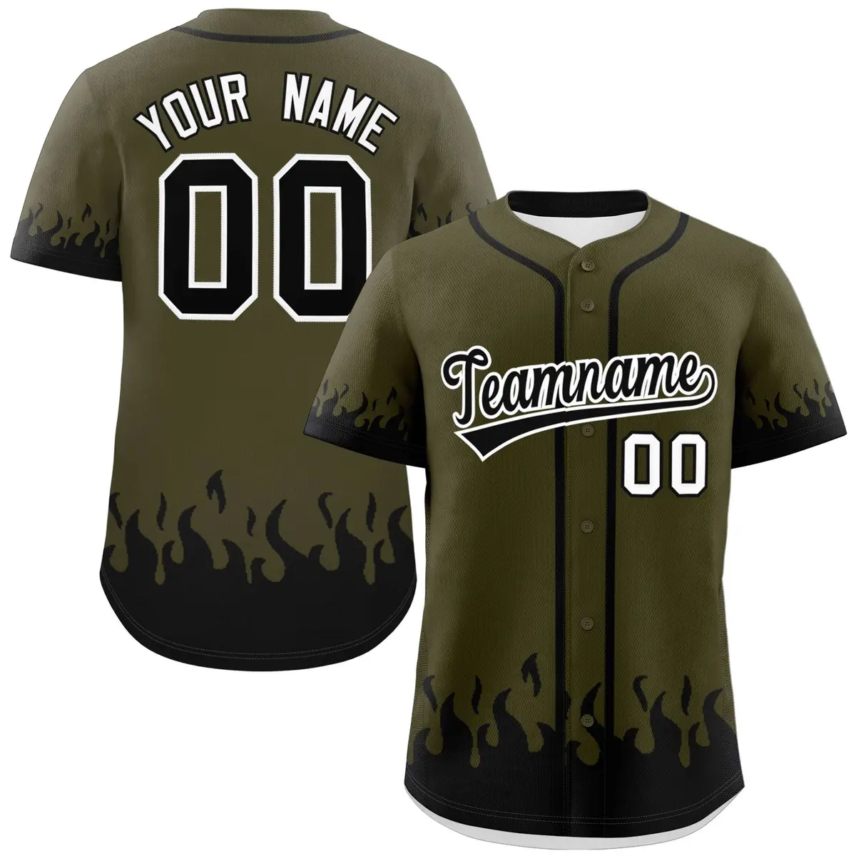 Olive Black Flame Graffiti Authentic Baseball Jersey