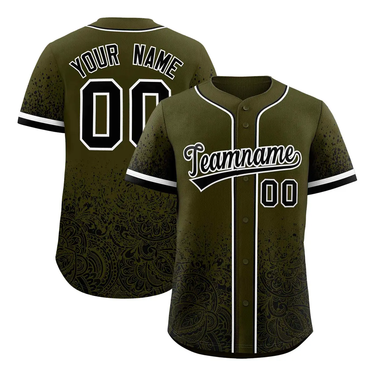 Olive Black Floral Gradient Full Button Baseball Jersey