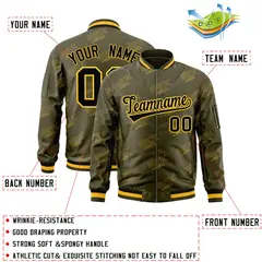 Olive Black-Gold Full-Zip Varsity Letter Bomber Jacket 2