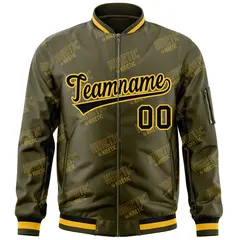 Olive Black-Gold Full-Zip Varsity Letter Bomber Jacket 3