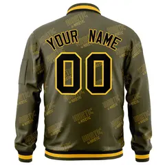 Olive Black-Gold Full-Zip Varsity Letter Bomber Jacket 4