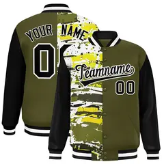 Olive Black Graffiti Pattern Varsity Full-Snap Letterman Baseball Jacket
