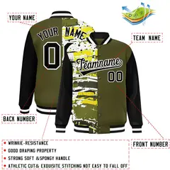 Olive Black Graffiti Pattern Varsity Full-Snap Letterman Baseball Jacket 2