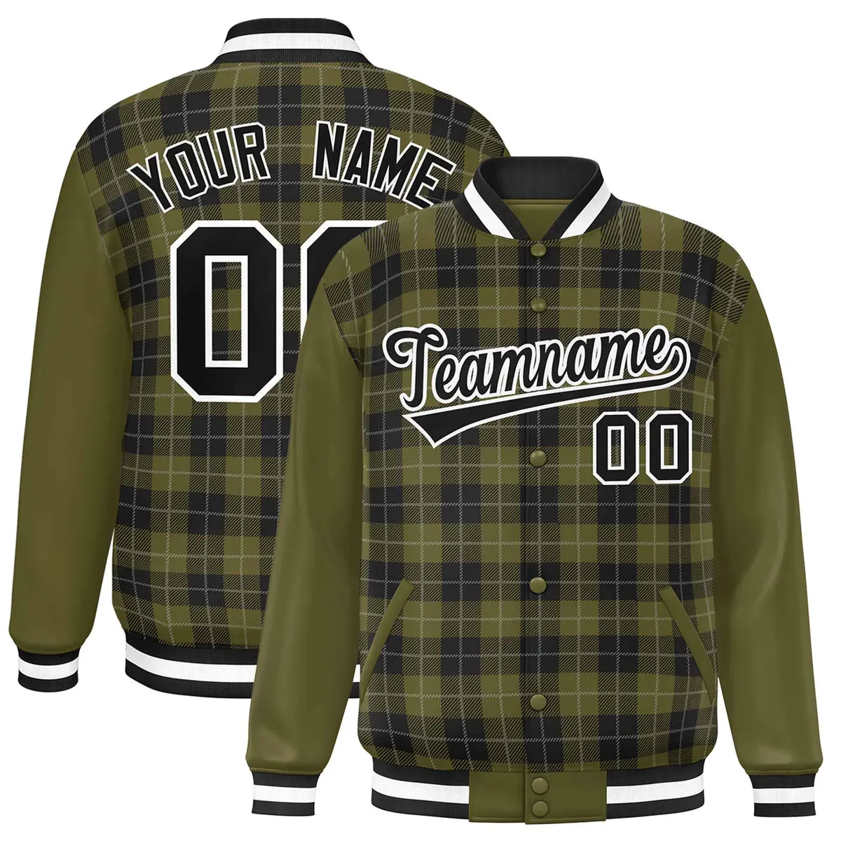 Olive Black-Gray Plaid Varsity Letterman Baseball Jacket