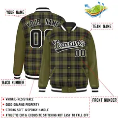Olive Black-Gray Plaid Varsity Letterman Baseball Jacket 2