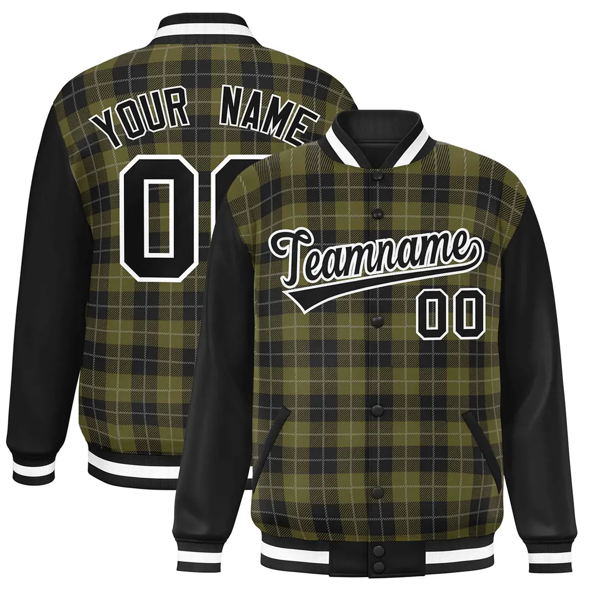 Olive Black-Gray Plaid Varsity Letterman Baseball Jacket