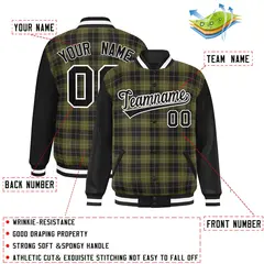 Olive Black-Gray Plaid Varsity Letterman Baseball Jacket 2