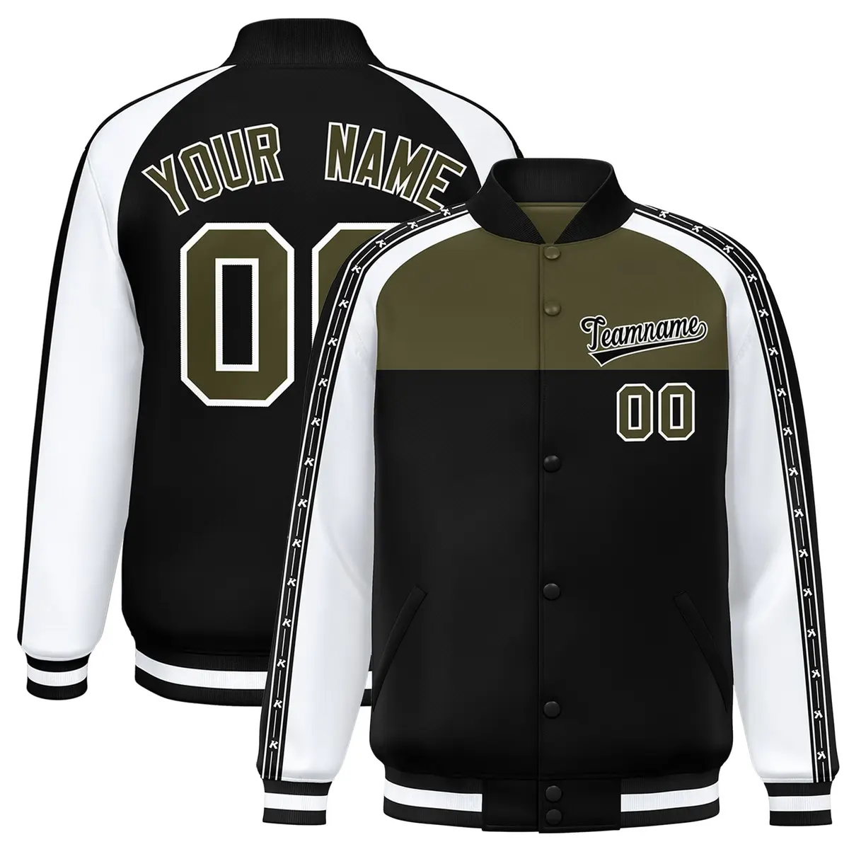 Olive Black K-Ribbon Raglan Full-Snap Color Block Letterman Jacket