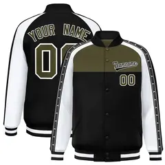 Olive Black K-Ribbon Raglan Full-Snap Color Block Letterman Jacket