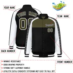 Olive Black K-Ribbon Raglan Full-Snap Color Block Letterman Jacket 2