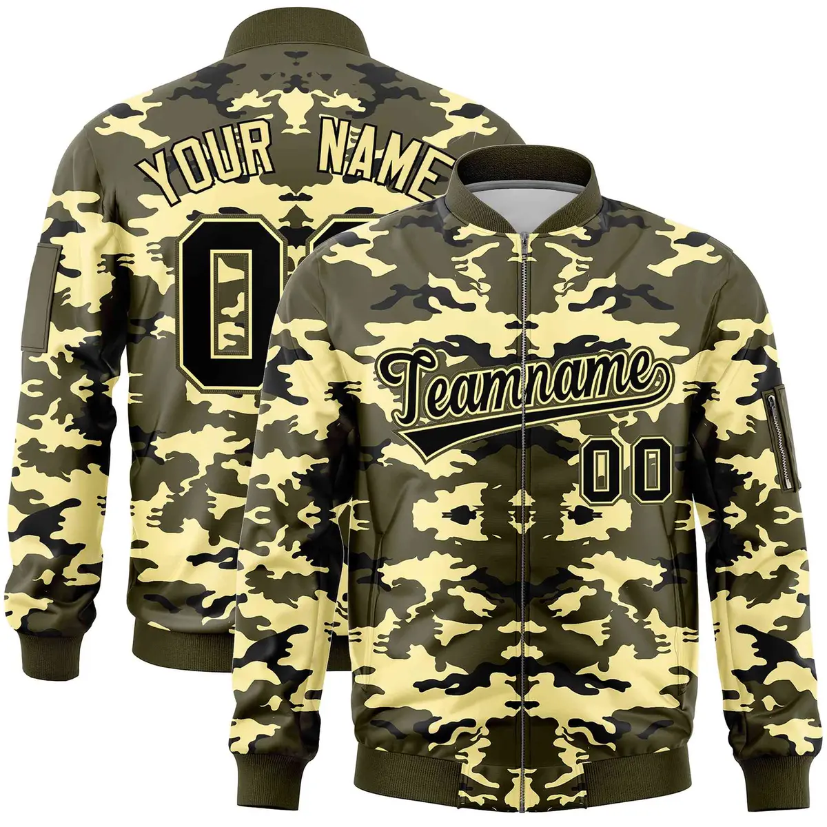 Olive Black-Khaki Camo Varsity Full-Zip Letterman Bomber Jacket
