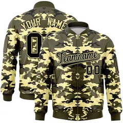 Olive Black-Khaki Camo Varsity Full-Zip Letterman Bomber Jacket