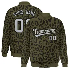 Olive Black Leopard Graffiti Full-Snap Letterman Baseball Jacket