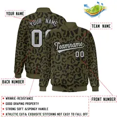 Olive Black Leopard Graffiti Full-Snap Letterman Baseball Jacket 2