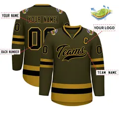 Olive Black-Old Gold Classic Style Hockey Jersey 2