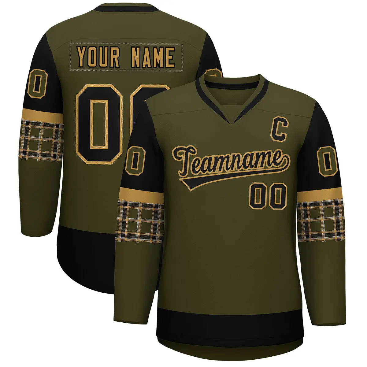 Olive Black-Old Gold Raglan Sleeves V-Neck Hockey Jersey