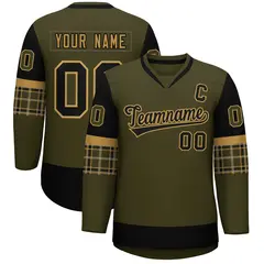 Olive Black-Old Gold Raglan Sleeves V-Neck Hockey Jersey