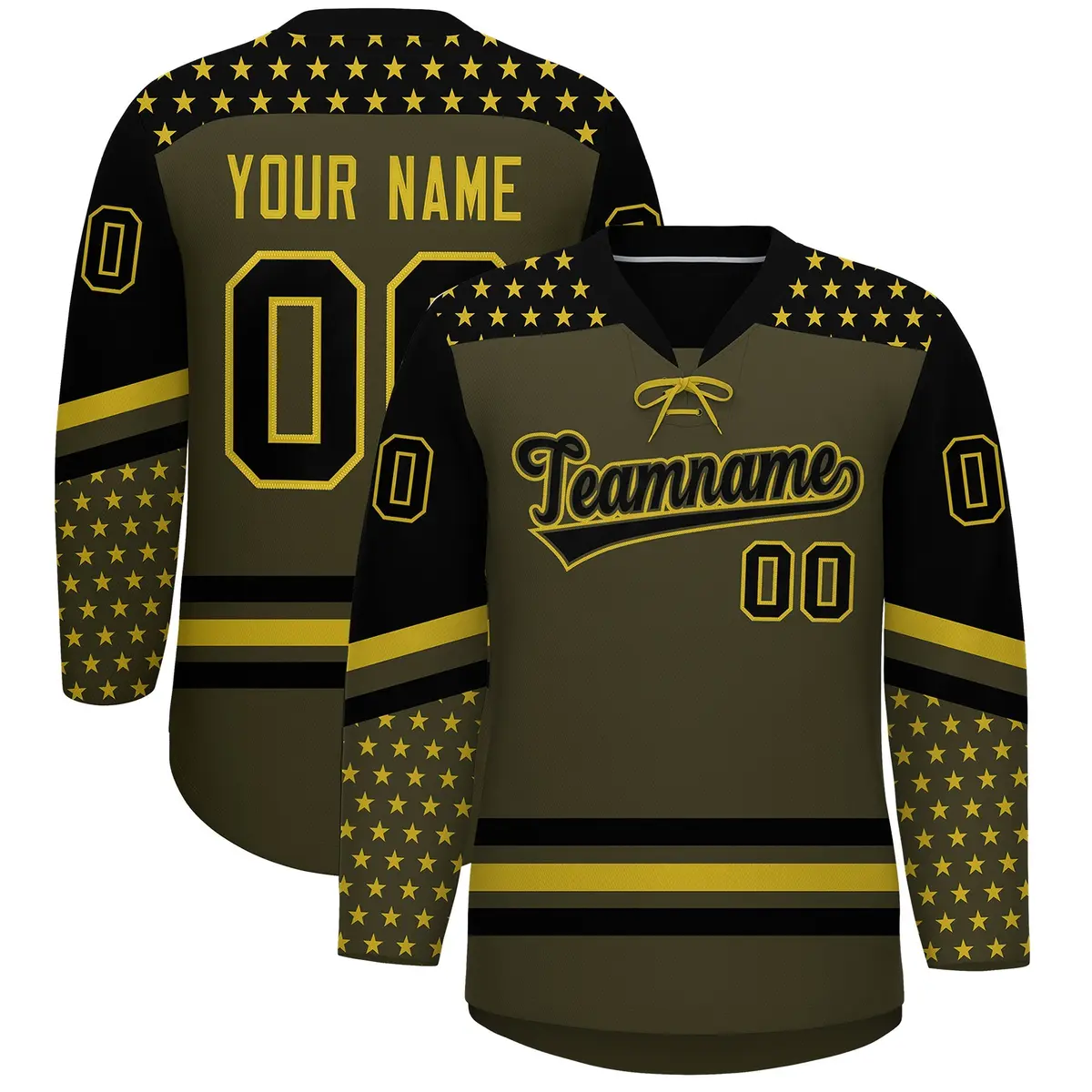 Olive Black Old Gold Star Series Lace-Up Neck Hockey Jersey