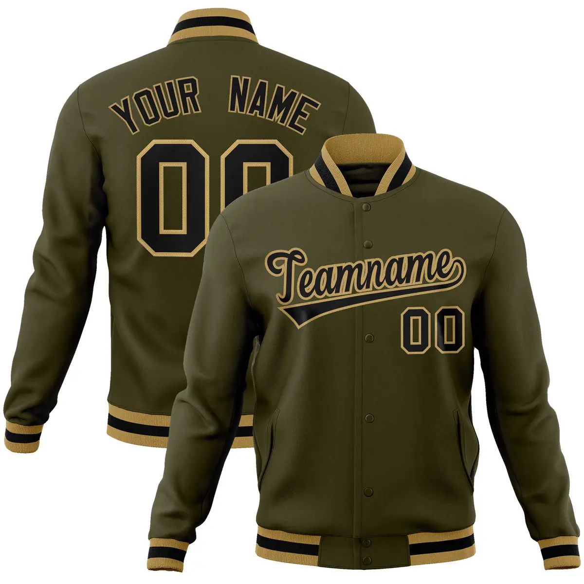 Olive Black-Old Gold Varsity Full-Snap Letterman Jacket