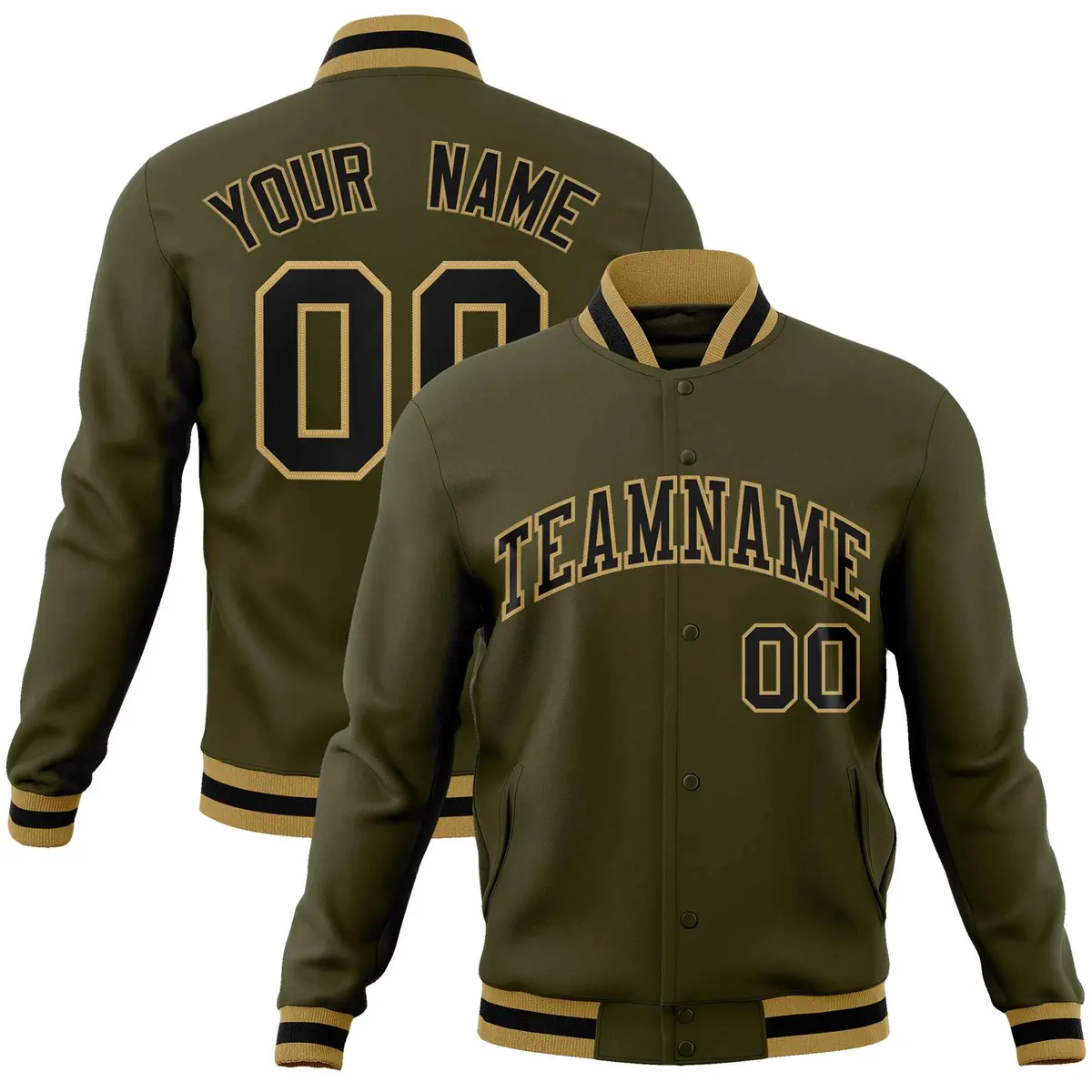 Olive Black-Old Gold Varsity Full-Snap Letterman Jacket
