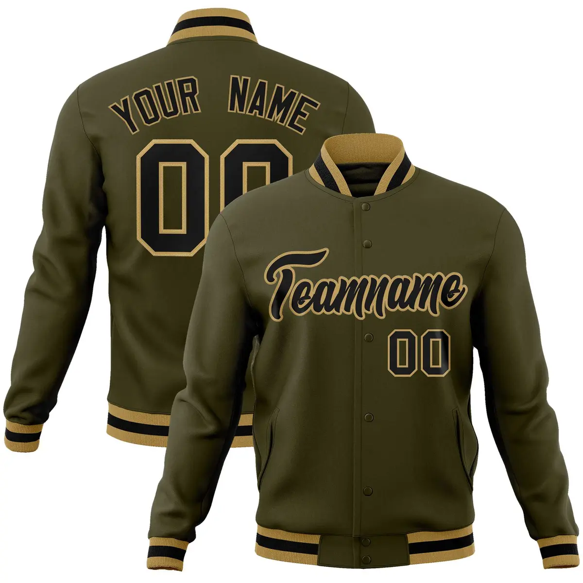 Olive Black-Old Gold Varsity Full-Snap Letterman Jacket