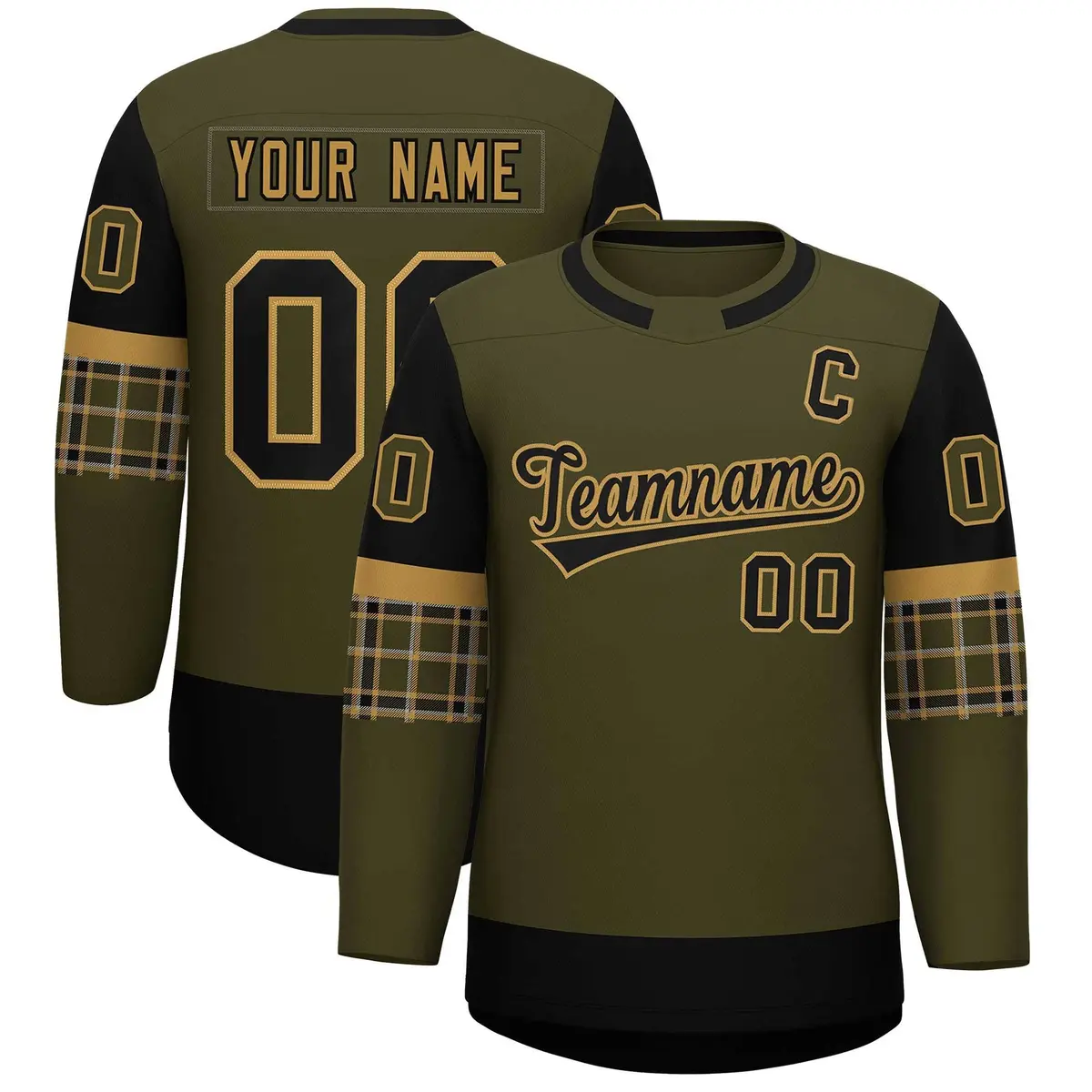 Olive Black Raglan Sleeves Round-Neck Hockey Jersey