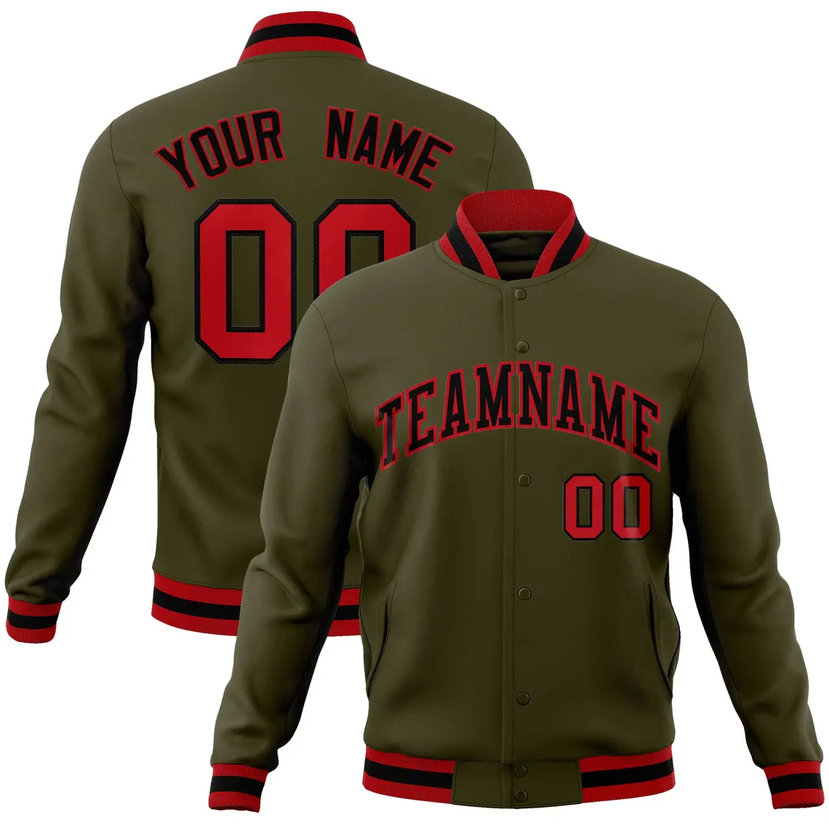 Olive Black-Red Classic Varsity Full-Snap Letterman Jacket