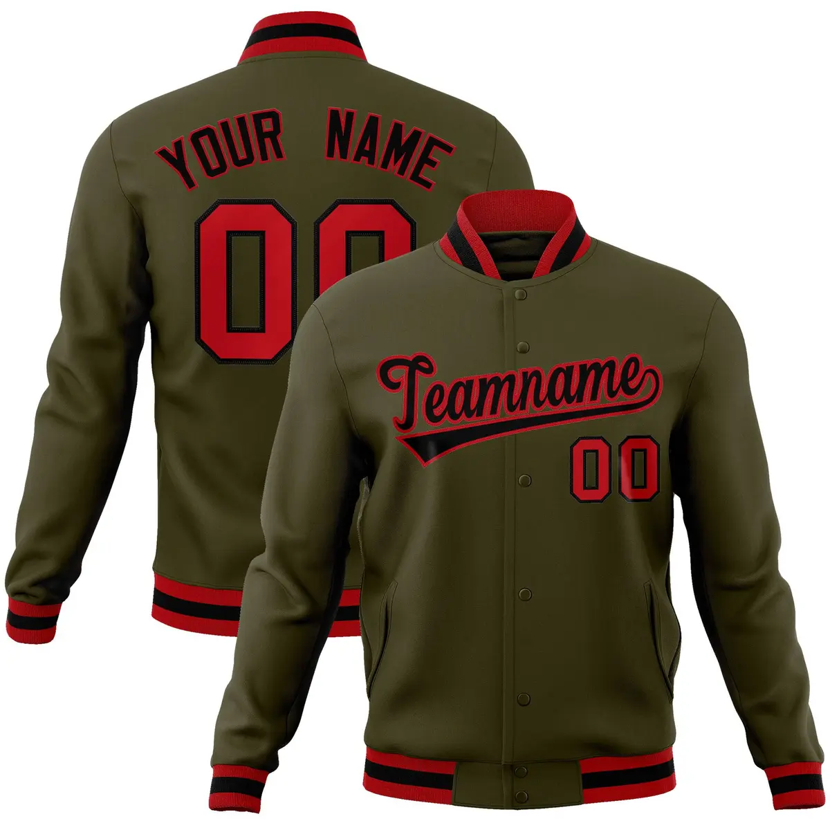 Olive Black-Red Classic Varsity Full-Snap Letterman Jacket