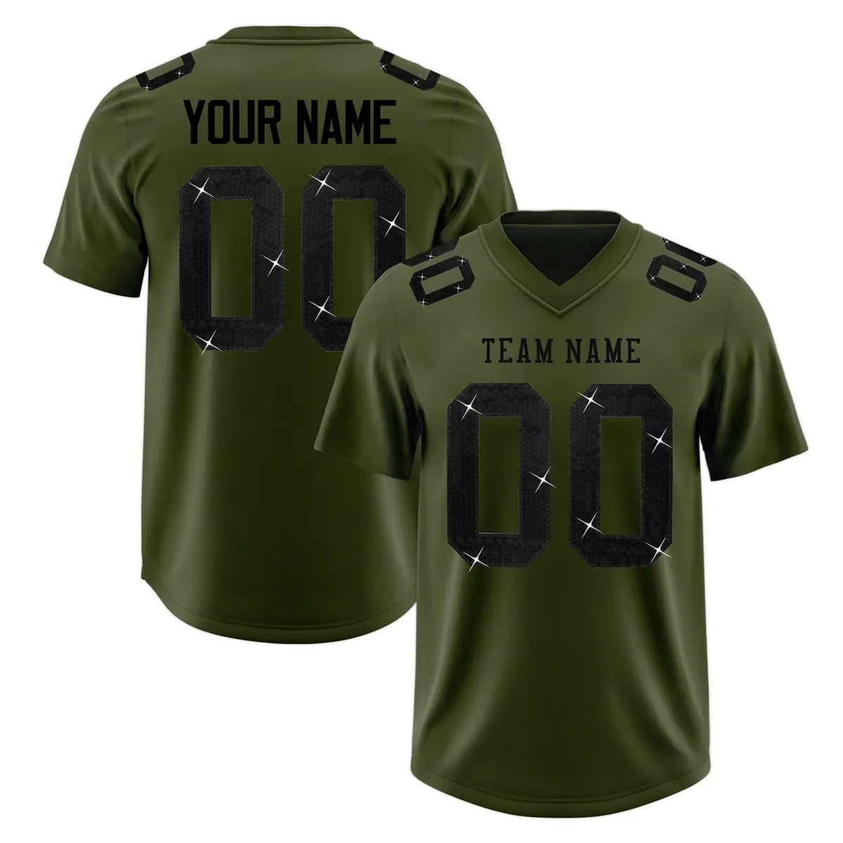 Olive Black Sequin Lettering Football Jersey