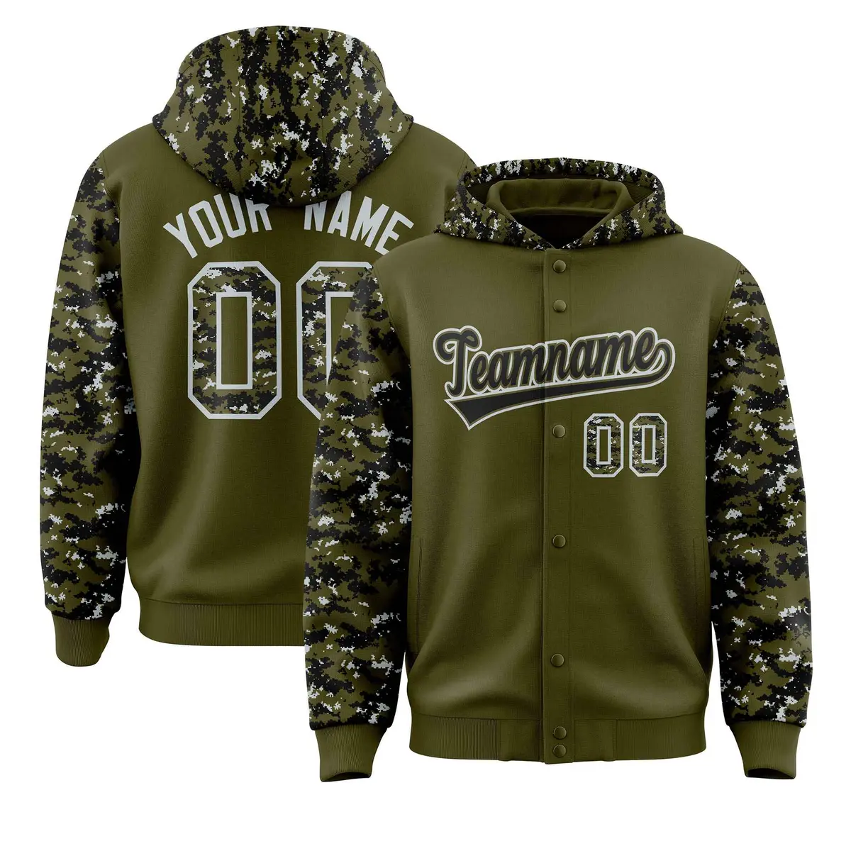 Olive Black-Silver Raglan Camo Full-Snap Varsity Letterman Jacket Hoodie