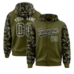 Olive Black-Silver Raglan Camo Full-Snap Varsity Letterman Jacket Hoodie