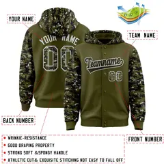 Olive Black-Silver Raglan Camo Full-Snap Varsity Letterman Jacket Hoodie 4