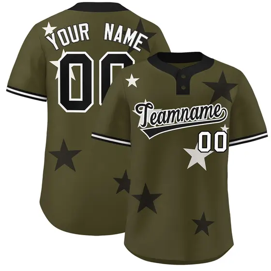 Olive Black Star Graffiti Two-Button Baseball Jersey