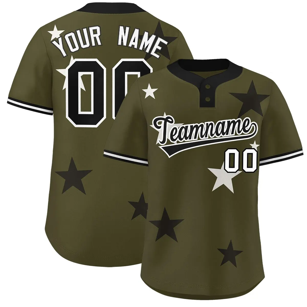 Olive Black Star Graffiti Two-Button Baseball Jersey