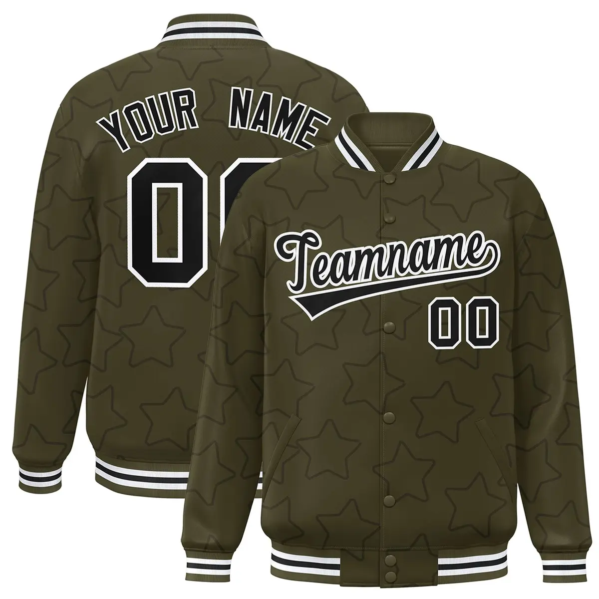 Olive Black Star Pattern Varsity Letterman Baseball Jacket