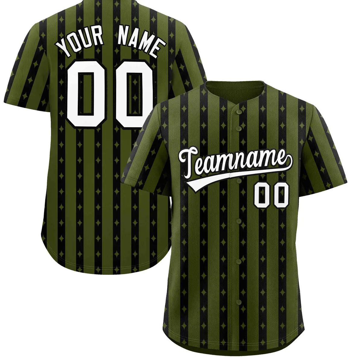Olive Black Thick Stripes Star Pattern Baseball Jersey