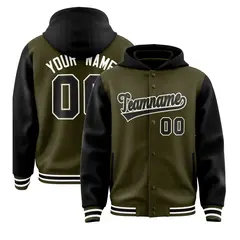 Olive Black Two Tone Full-Snap Raglan Varsity Letterman Jacket Hoodie 1