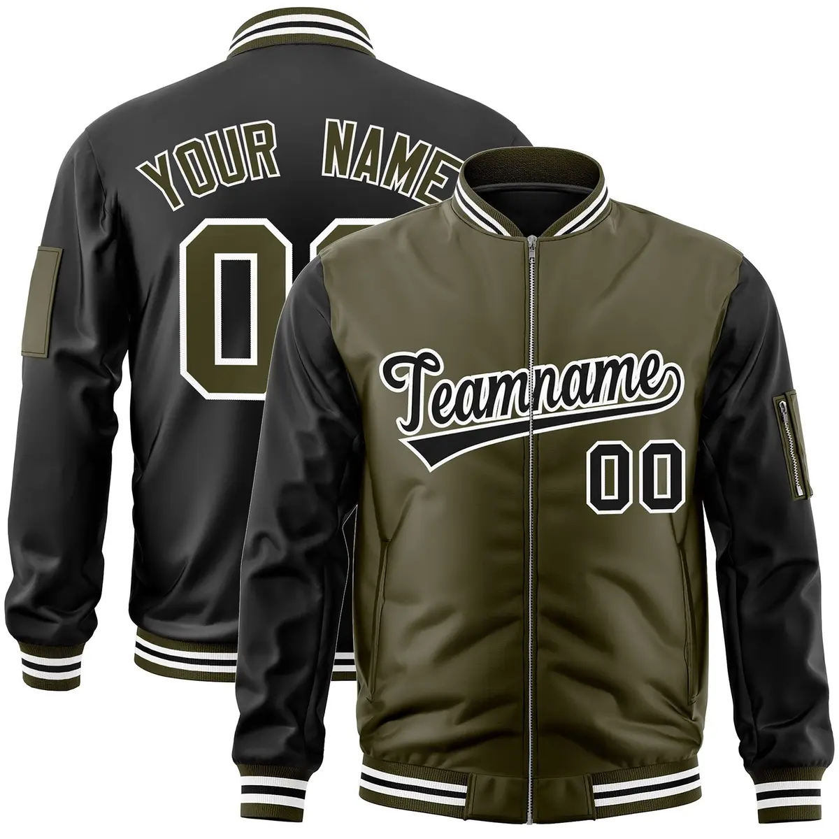 Olive Black Two-Tone Varsity Letterman Bomber Jacket