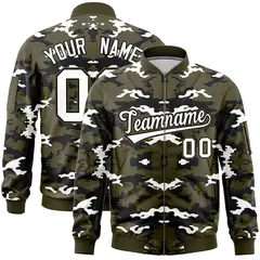 Olive Black-White Camo Varsity Full-Zip Letterman Bomber Jacket