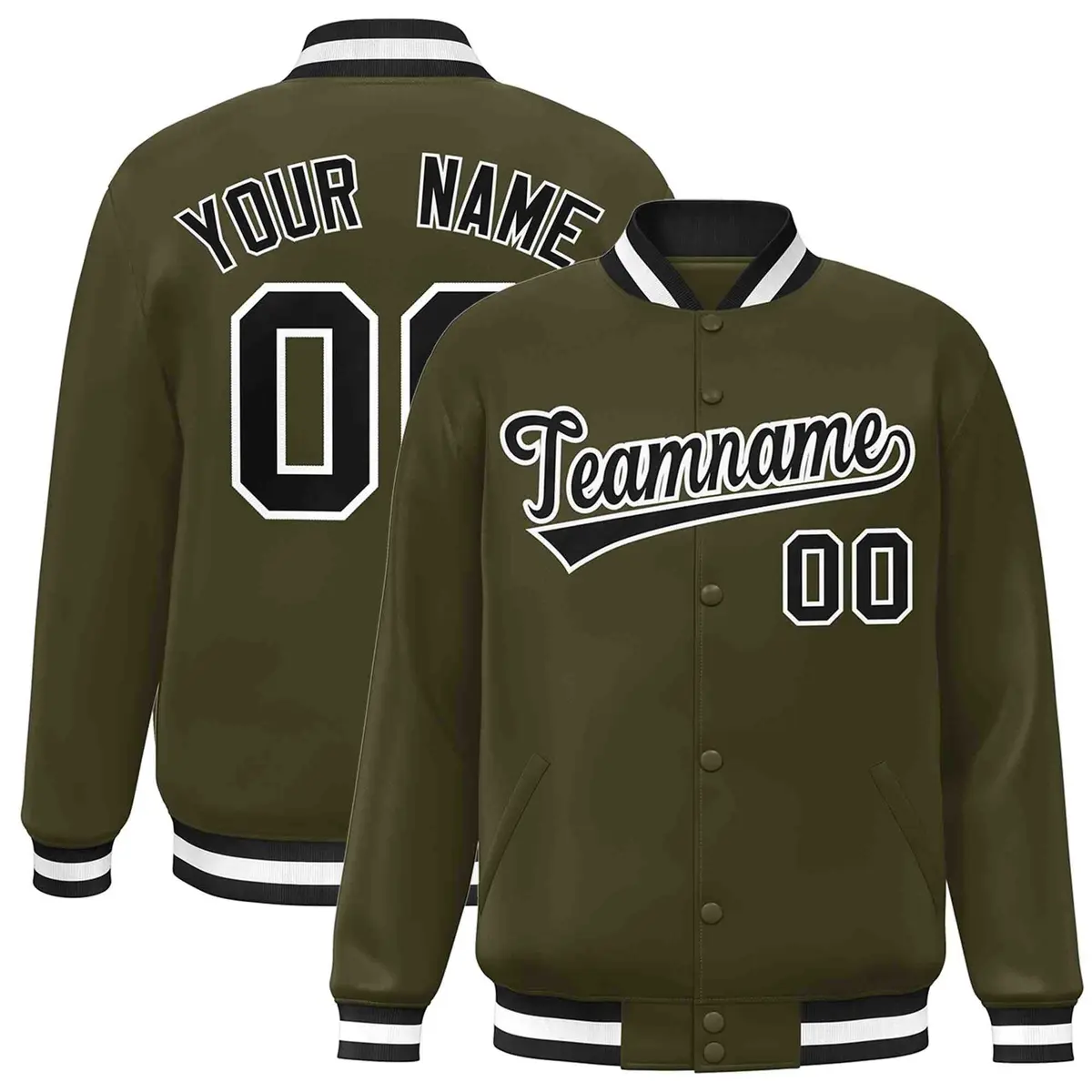 Olive Black-White Classic Varsity Full-Snap Letterman Jacket