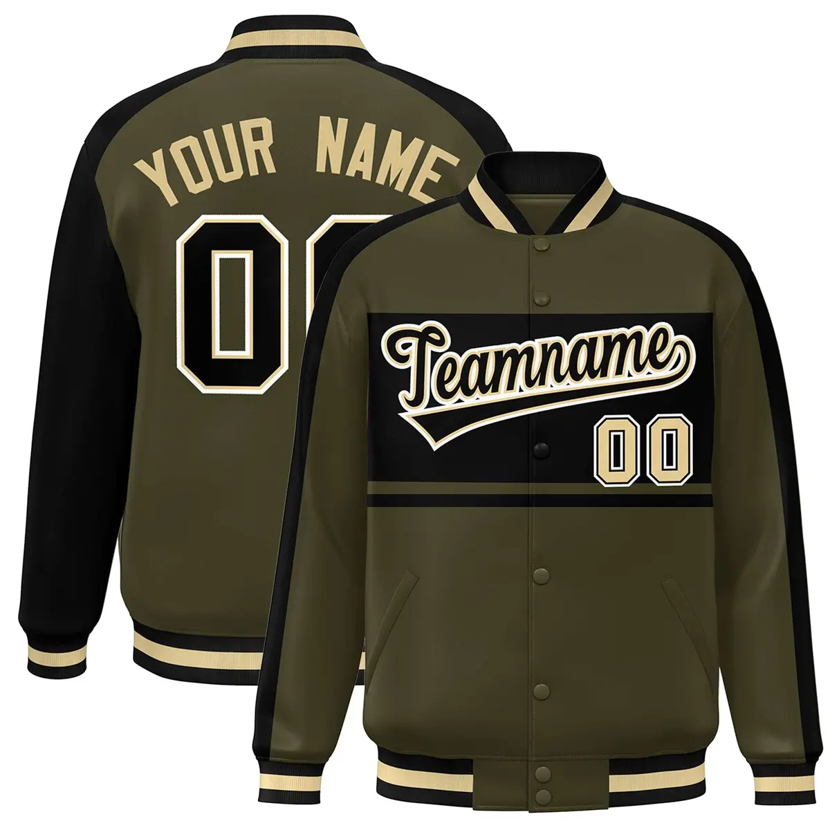 Olive Black-White Color Block Bomber Varsity Baseball Jacket