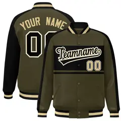 Olive Black-White Color Block Bomber Varsity Baseball Jacket 1