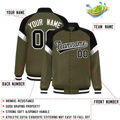Olive Black White Color Block Full-Snap Varsity Letterman Jacket 2