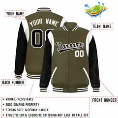 Olive Black-White Color Block Varsity Baseball Jacket 2
