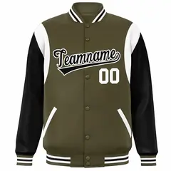 Olive Black-White Color Block Varsity Baseball Jacket 3