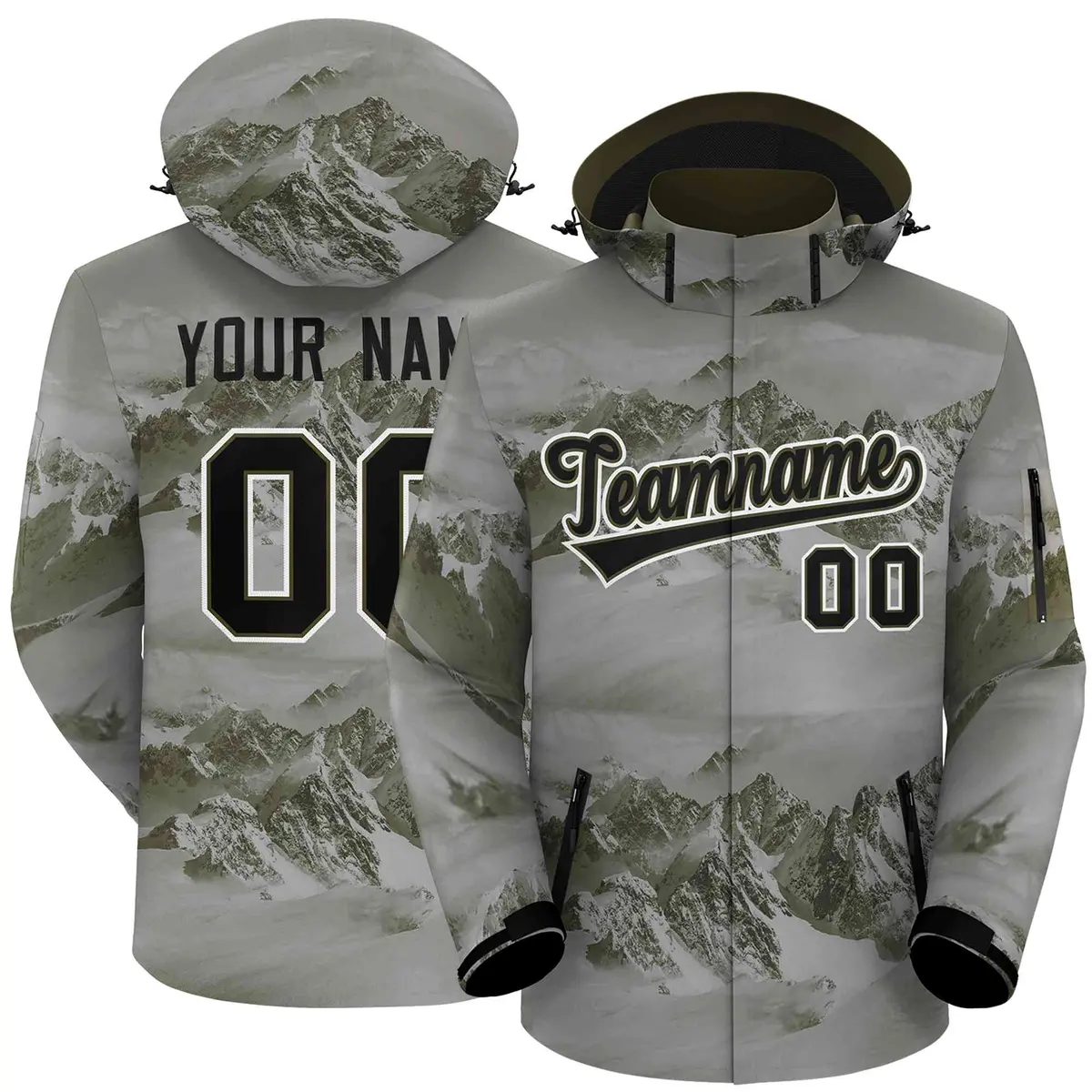 Olive Black-White Graffiti Waterproof Jacket for Climbing