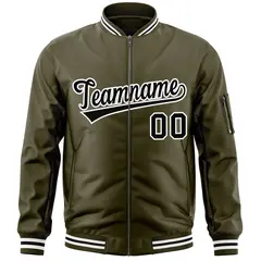 Olive Black-White Varsity Full-Zip Letterman Bomber Jacket 3