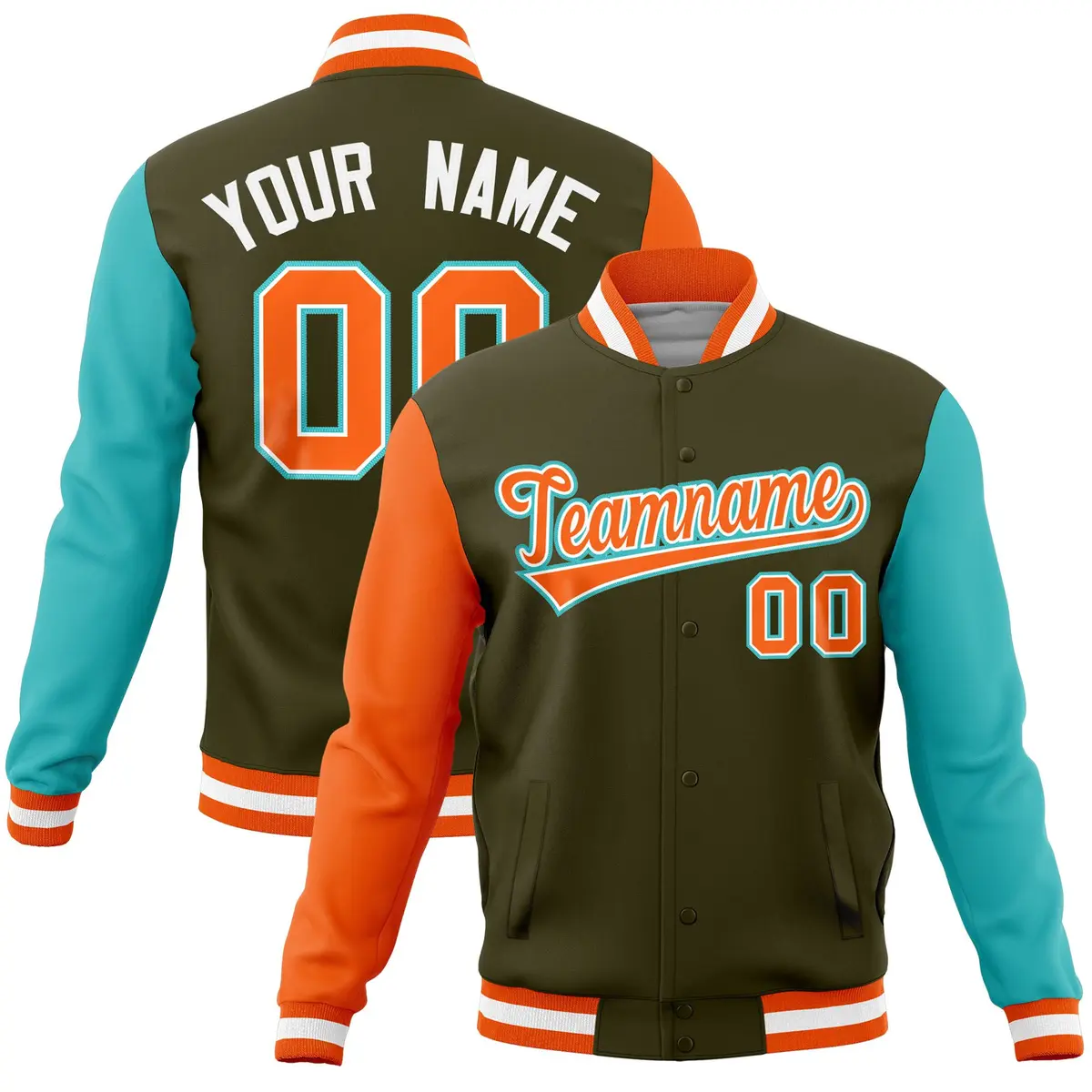 Olive Bright Green-Orange Full-Snap Raglan Letterman Jacket