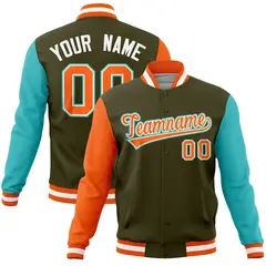 Olive Bright Green-Orange Full-Snap Raglan Letterman Jacket