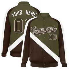 Olive Brown Raglan Varsity Full-Snap Letterman Baseball Jacket 1